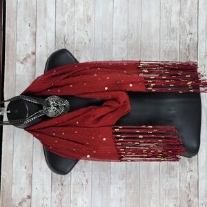 Fashion Scarf, Red with gold hardware and fringes, 70" long.